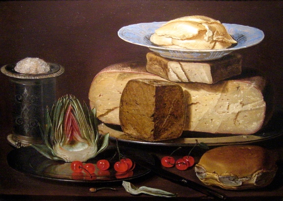 Clara Peeters-Still life with cheeses, artichoke, and cherries c1625
