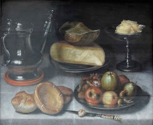 Floris van Dijck, Still life with pewter jug, fruit and cheese